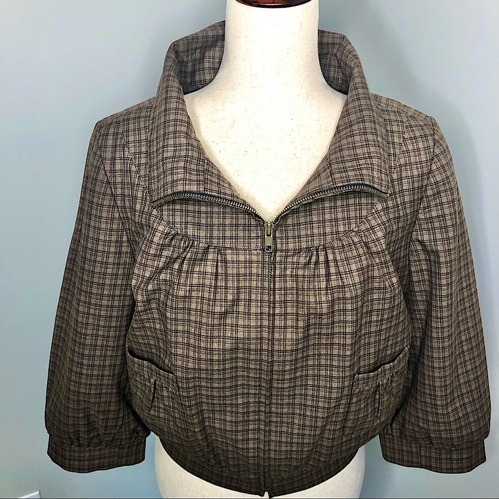 Funnel Neck Brown Plaid 3/4 length Sleeve  Jacket